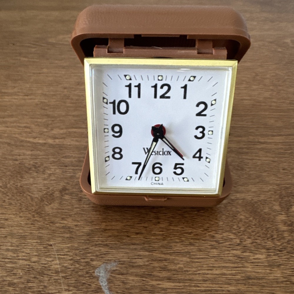Vintage Westclox 1960's Travel Clock Alarm Wind Up Brown Folding Case -  Works